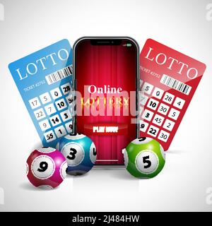 Lettrage de loterie en ligne sur l'écran du smartphone, les billets et les balles. Conception publicitaire d'affaires de casino. Pour les affiches, bannières, dépliants et brochures. Illustration de Vecteur