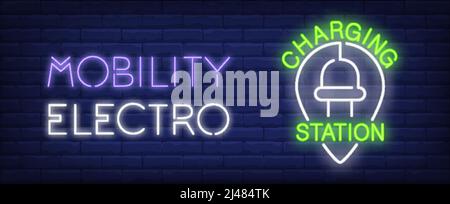 Panneau au néon de la station de charge. Prise électrique sous forme de pointeur de carte. Illustration vectorielle au néon pour poste mobile ou infrastructure mobile Illustration de Vecteur
