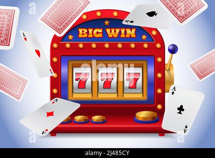La chance de sept machines à sous et de cartes volantes. Conception publicitaire d'affaires de casino. Pour les affiches, bannières, dépliants et brochures. Illustration de Vecteur