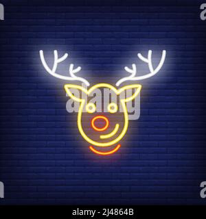 Personnage de dessin animé de renne de Noël Rudolph Neon. Élément publicitaire lumineux de nuit. Motif de fête au néon pour le nouvel an, Noël, la fête, l'accueil Illustration de Vecteur