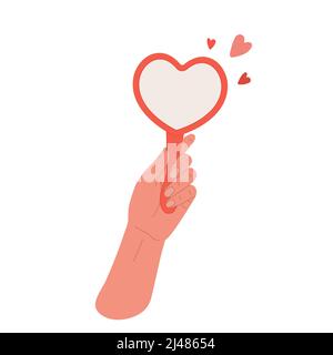 Main tenant le miroir en forme de coeur.Love You concept.Flat illustration Illustration de Vecteur