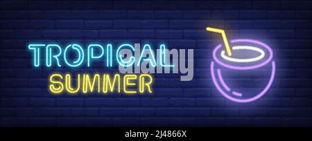 Lettrage style néons d'été tropical. Cocktail de noix de coco sur fond de briques. Bar de la plage, station d'été, vacances. Affiche murale brillante. Peut être utilisé pour adve Illustration de Vecteur