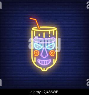 Verre avec paille et masque tiki. Élément de signe néon. Design de la publicité de nuit lumineuse. Illustration vectorielle pour le bar tiki, vacances tropicales, hawaï Illustration de Vecteur