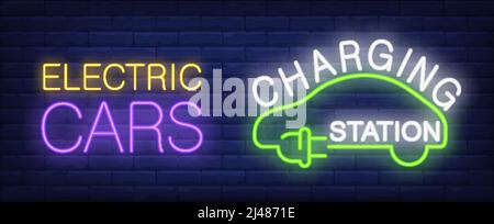 Panneau néon pour station de charge de voitures électriques. Silhouette de voiture verte avec fiche. Illustration vectorielle au néon pour le transport écologique ou la batterie de voiture Illustration de Vecteur
