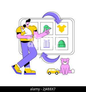Illustration vectorielle abstraite de concept de reprise de vêtements pour bébé. Jouets et vêtements pour enfants utilisés en échange d'argent ou de coupons, magasin de mode pour enfants, seconde main, équipement pour bébés, métaphore abstraite de magasin de revente. Illustration de Vecteur