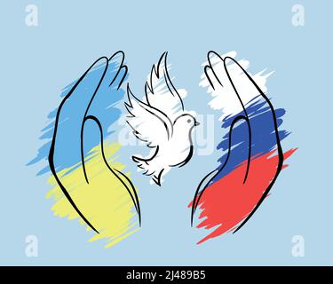Colombe de la paix sur fond de drapeaux ukrainiens et russes. Guerre entre l'Ukraine et la Russie. Symbole de paix Illustration de Vecteur