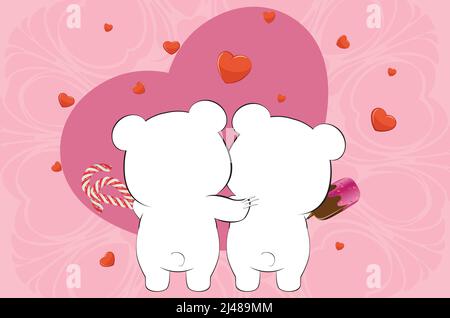 Mignon dessin animé blanc ours couple amoureux de coeurs et de bonbons illustration. Illustration de Vecteur