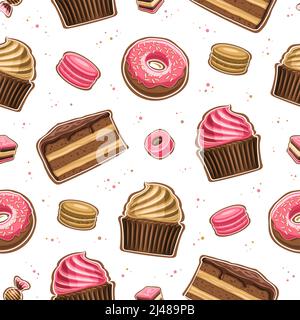 Vector Sweet Seamless Pattern, répétition de l'arrière-plan avec jeu d'illustrations coupées divers bonbons, tranche de gâteau glaçante, donut de couleur rose givrant, tasse Illustration de Vecteur