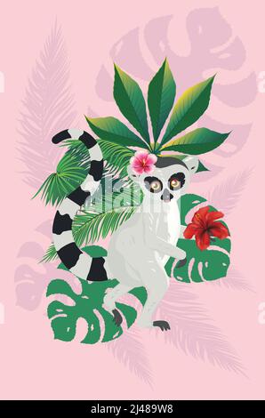 Jolie caricature de lémuriens gris avec feuilles et fleurs tropicales. Illustration de Vecteur