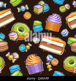 Motif vectoriel dessert sans couture, répétition de l'arrière-plan avec des illustrations coupées différents desserts, tranche de gâteau crème anglaise, beignet vert givré, tasse Illustration de Vecteur