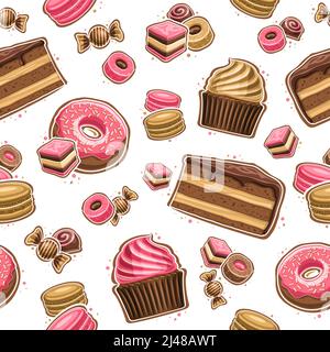 Motif vectoriel dessert sans couture, arrière-plan répété avec jeu d'illustrations découpées desserts variés, tranche de gâteau glaçante, beignet de glaçage de couleur rose, Illustration de Vecteur