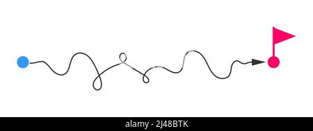 Ligne courbe avec point de départ et flèche de direction finissant près du symbole de drapeau. Chemin difficile, chemin du chaos, défi dur, concept de long parcours isolé sur fond blanc. Illustration graphique vectorielle. Illustration de Vecteur