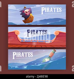 Des bannières de dessins animés Pirates, navire avec voiles noires et Jolly roger, pont de cuirassé et bouteille avec carte flottant sur les vagues de l'océan. Jeu d'aventure de filibusters, cartes d'invitation de fête Illustration vectorielle, ensemble Illustration de Vecteur
