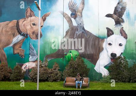 La fresque de l'artiste de rue « Sugar » à porter Street dans le centre-ville de Prahran, Melbourne, domine un petit chien et son maître est assis sur un banc de parc. Banque D'Images