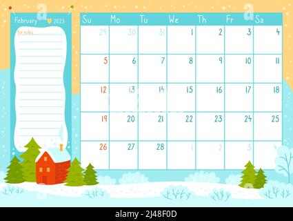Organisateur modèle calendrier page février 2023 ans. Calendrier et cahier tendance papier pour notes. Agenda de l'événement mémoire d'hiver pour album de scrapbook. Graphique bloc-notes papeterie design vectoriel Illustration de Vecteur