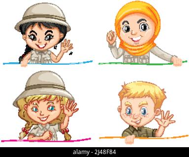 Un ensemble d'enfants en costume safari agitant sur fond blanc illustration Illustration de Vecteur