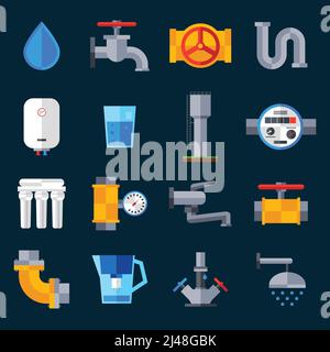 Icônes d'alimentation en eau avec lavabo et équipement de douche illustration vectorielle isolée Illustration de Vecteur