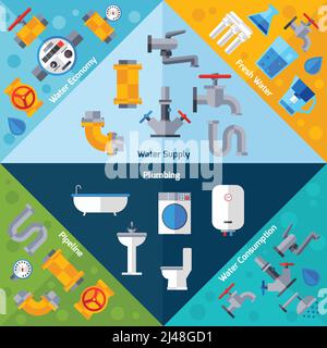 Les coins d'alimentation en eau sont équipés d'un tuyau de plomberie et d'accessoires de salle de bains illustration vectorielle isolée Illustration de Vecteur