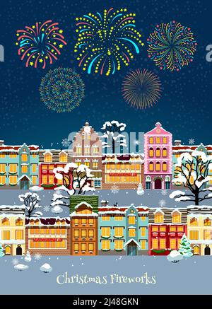 Modèle coloré de fête de Noël avec feux d'artifice étincelants et bonbon de neige illustration vectorielle de paysage urbain Illustration de Vecteur