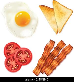 Petit déjeuner anglais complet, 4 ingrédients principaux, vue de dessus illustration vectorielle isolée du bacon et du pain aux tomates et aux œufs Illustration de Vecteur
