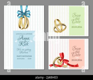 Cartes de mariage avec anneaux dorés bleu et rouge motif vectoriel de boucles de ruban sur fond rayé Illustration de Vecteur