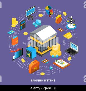 Icônes financières bancaires composition circulaire isométrique avec flèches ordinateur portefeuille carte de crédit pièces or argent symboles de flux d'argent signes illustration vectorielle Illustration de Vecteur