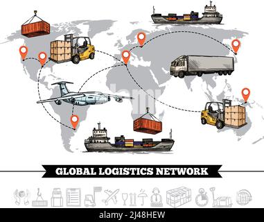 Modèle de réseau logistique mondial avec différents types de transport monde carte et icônes illustration vectorielle Illustration de Vecteur