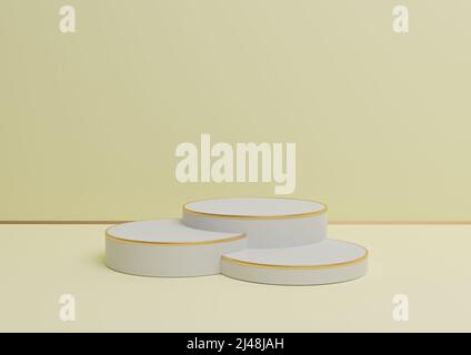 Pastel, clair, jaune d'agrumes 3D rendant simple affichage du produit avec trois podiums ou support avec ligne dorée composition minimale de fond pour le luxe Banque D'Images