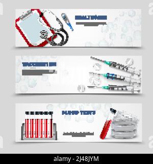 Trois bannières horizontales avec un stéthoscope réaliste pour les outils de traitement médical illustration du vecteur des flacons de test sanguin et des injecteurs de vaccins Illustration de Vecteur