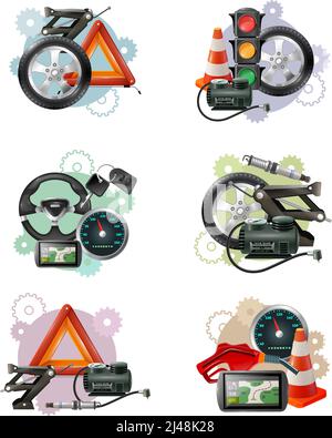 Compositions de symboles de réparation et d'entretien de voitures avec roues à main vis vérins de mise à niveau feux de circulation illustration vectorielle barrières Illustration de Vecteur