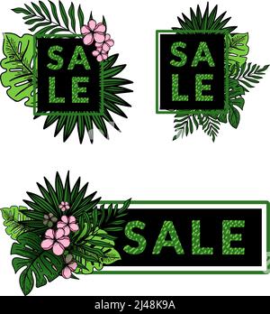Le cadre est décoré avec des fleurs de strrelitia, des feuilles de palmier tropicales, de la monstère et des éléments de carotte dessinés à la main. Remises, autocollants. Un endroit pour votre Illustration de Vecteur