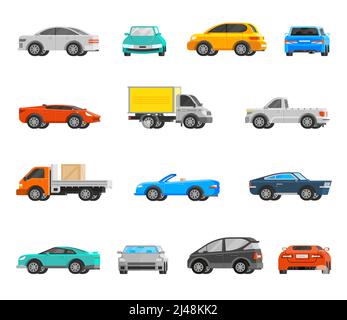 Icônes orthogonales de véhicules avec voitures et camions isolés à plat illustration vectorielle Illustration de Vecteur