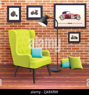 Affiche de chaise souple réaliste rouge dans le coin de la chambre avec un oreiller bleu sur l'illustration vectorielle de siège Illustration de Vecteur