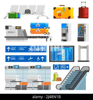 Intérieur de l'aéroport plat de couleur icônes décoratives ensemble avec des valises portmanteaus illustration vectorielle isolée de l'escalator du tableau de bord du planning de point de contrôle Illustration de Vecteur