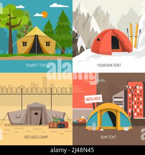 Camping tente concept 4 icônes carré design avec la famille été et les modèles sportifs d'hiver ont isolé l'illustration vectorielle Illustration de Vecteur