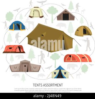 Tentes de camping pour tous les besoins et toutes les capacités, y compris le dôme de tunnel les modèles pyramidaux encerclent la composition publicité affiche illustration vectorielle Illustration de Vecteur