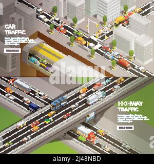 Éléments de route, banderoles isométriques avec paysage urbain autoroute et images de voiture avec illustration vectorielle de bouton lire la suite Illustration de Vecteur