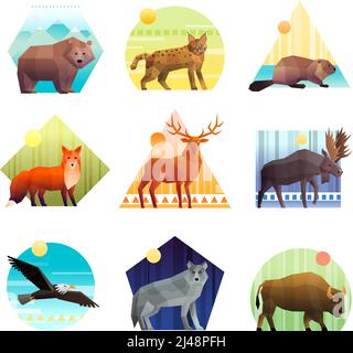 Emblème polygonal coloré de forme différente avec animaux sauvages et oiseaux isolés sur fond blanc illustration vectorielle Illustration de Vecteur