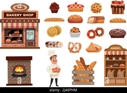 Icônes de boulangerie avec pâtisserie de la figurine de cuisine et de boulangerie cuit illustration vectorielle isolée plate de la collection de marchandises Illustration de Vecteur
