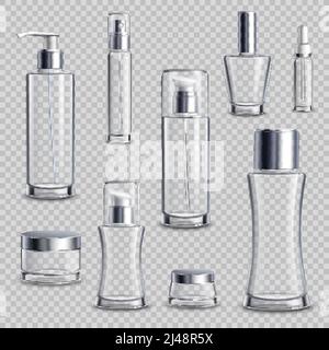 Cosmétiques soin de la peau emballage en verre vide assortiment d'échantillons ensemble réaliste Wth flacons pulvérisateurs sur illustration vectorielle transparente Illustration de Vecteur