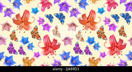 Motif estival sans couture composé de papillons et de fleurs teintés mis en évidence sur un arrière-plan horizontal beige. Le concept de l'été Banque D'Images