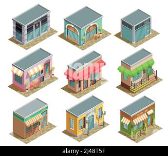 Collection isométrique de café de neuf maisons de café urbaines isolées de style classique à moderne avec illustration vectorielle des ombres Illustration de Vecteur