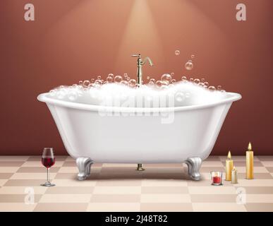 Baignoire blanche réaliste avec composition en mousse atmosphère romantique avec un illustration vectorielle de verre de vin et de bougies Illustration de Vecteur