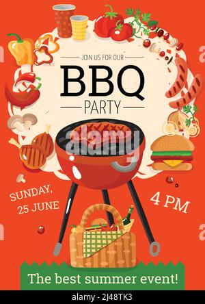 Affiche d'annonce de la fête du barbecue d'été avec panier barbecue accessoires de barbecue illustration vectorielle plate de fond orange pour boissons alimentaires Illustration de Vecteur