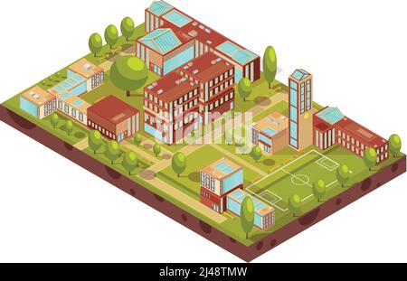 Complexe de bâtiments universitaires modernes aménagement isométrique avec terrain de football illustration vectorielle des allées et bancs d'arbres verts Illustration de Vecteur