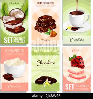Jeu de six cartes de produits de cacao avec différents types de illustration vectorielle des bonbons au chocolat et des images de remplissage Illustration de Vecteur