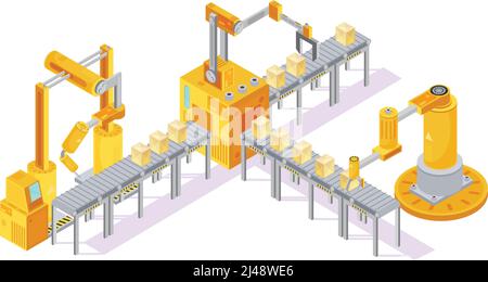 Composition isométrique d'équipement de convoyeur avec main robotique pour le soudage et illustrations vectorielles 3d encadrées Illustration de Vecteur