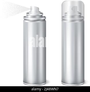 Aluminium aérosol 2 brillant réaliste maquettes de boîtes avec illustration du vecteur de pulvérisation sur le bouchon et retiré Illustration de Vecteur