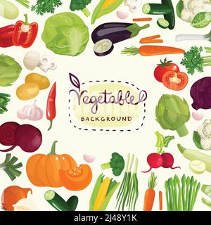 Légumes colorés, dont tomate, pomme de terre, poivron rouge et champignons avec inscription calligraphique sur fond blanc illustration vectorielle Illustration de Vecteur