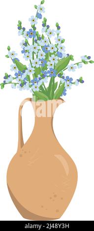 Joli bouquet de printemps et d'été de petit bleu Forget Me pas de fleurs avec des tiges et des feuilles dans vase d'argile ou carafe. Design intérieur. Atelier de l'usine. Illustration vectorielle Illustration de Vecteur